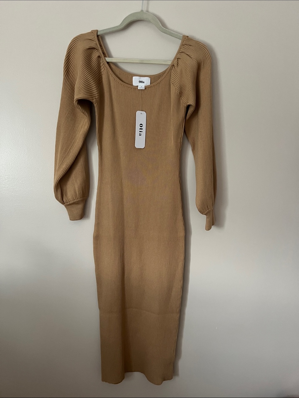 Olia Ribbed Puff-Sleeve Midi Dress in Camel Tan